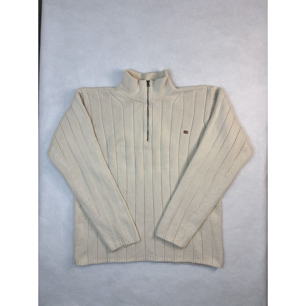 Vintage Polo Jeans Co Ralph Lauren Quarter Zip Ribbed Sweater Cream XL Flag Logo